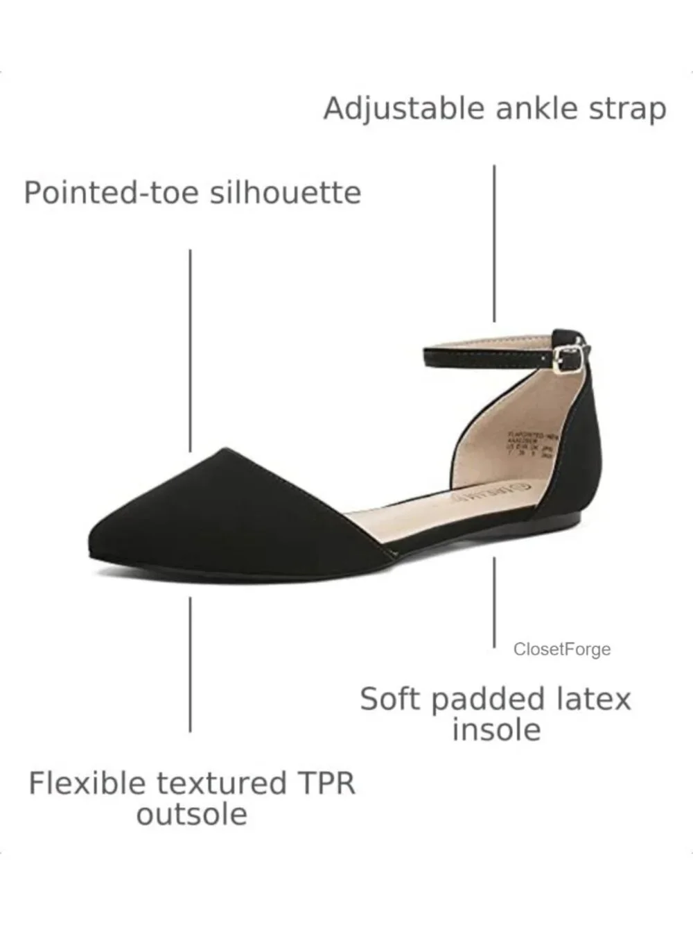 Women's Pointed Toe Ballet Flats with Ankle Strap - Lightweight Faux Suede